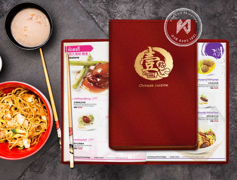 In thực đơn bìa da siêu bền cho nhà hàng Trung Hoa