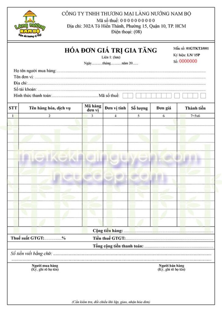 Bộ nhận diện làng nướng NAM BỘ. Menu gỗ, card visit, brochure 7 Mẫu hóa đơn VAT của Làng nướng