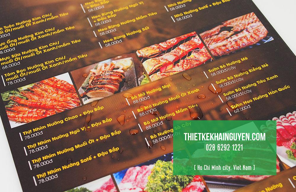 Dạng menu tờ rời kiểu bìa bồi carton cán màng nhám chống nước