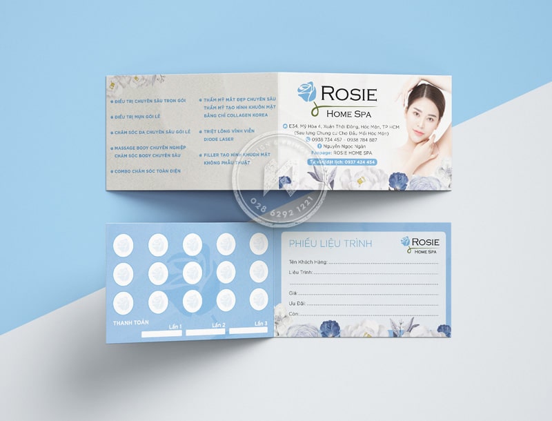 Thẻ liệu trình Rosie Spa với tone xanh pastel
