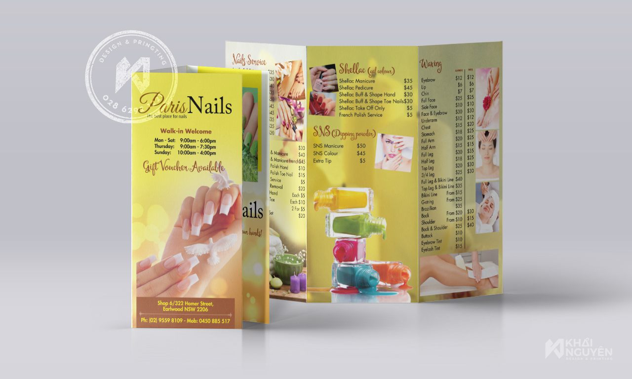 Pari Nails - brochure gấp 3 với thiết kế nắng vàng rực rỡ
