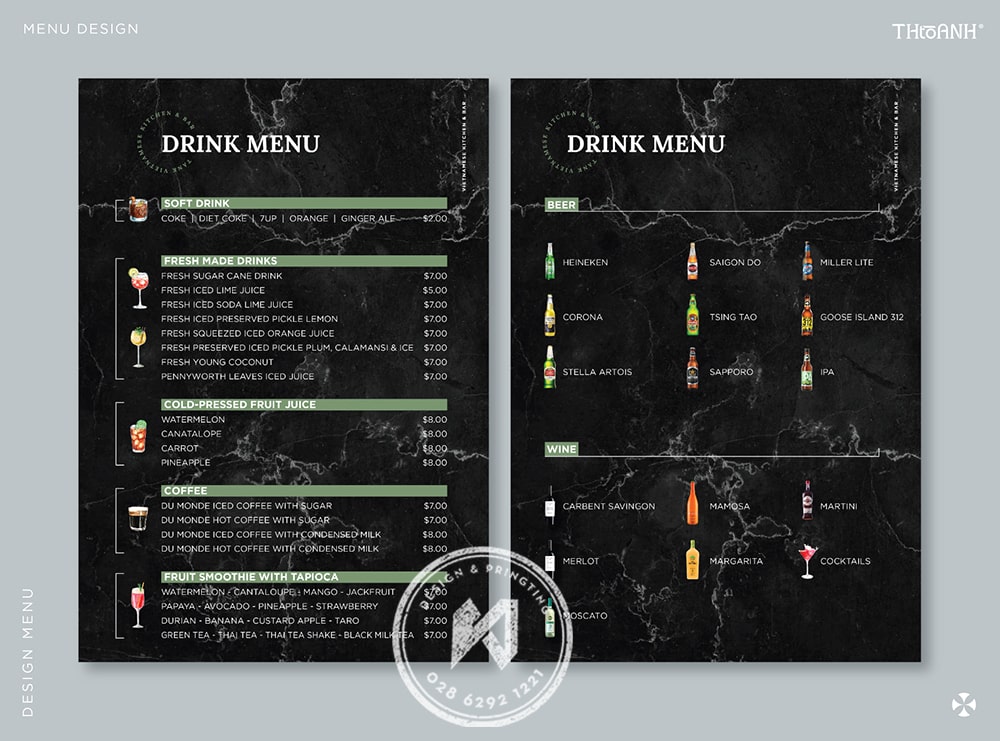 Drink menu tiện lợi cho Bar, Club