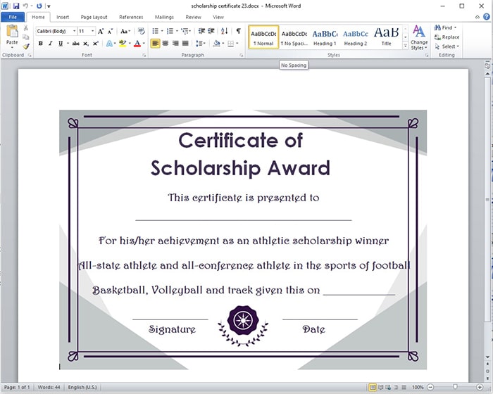 Certificate of Scholarship Award