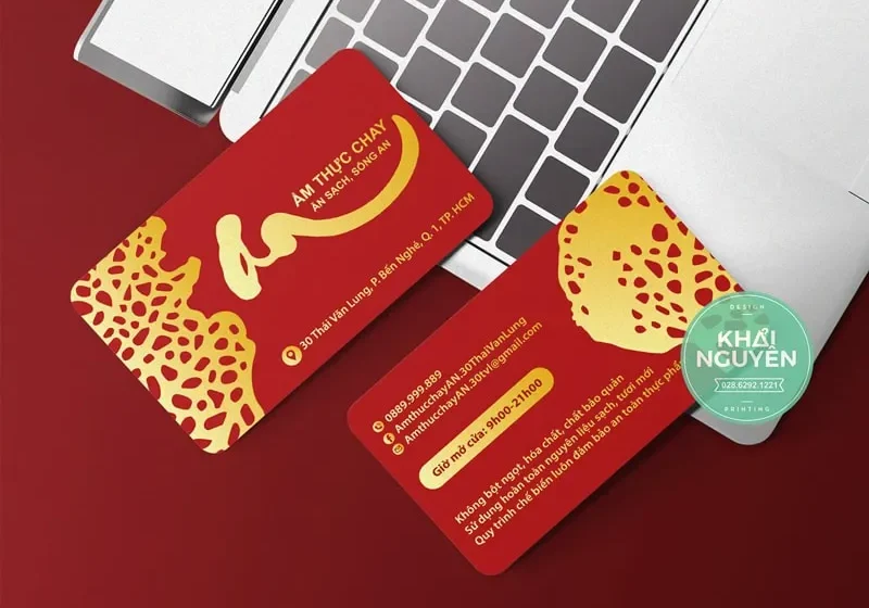 Card visit nhà hàng - giấy đỏ ép kim vàng