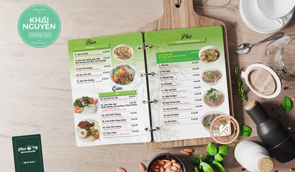 Menu nhà hàng phở - nhựa gáy còng