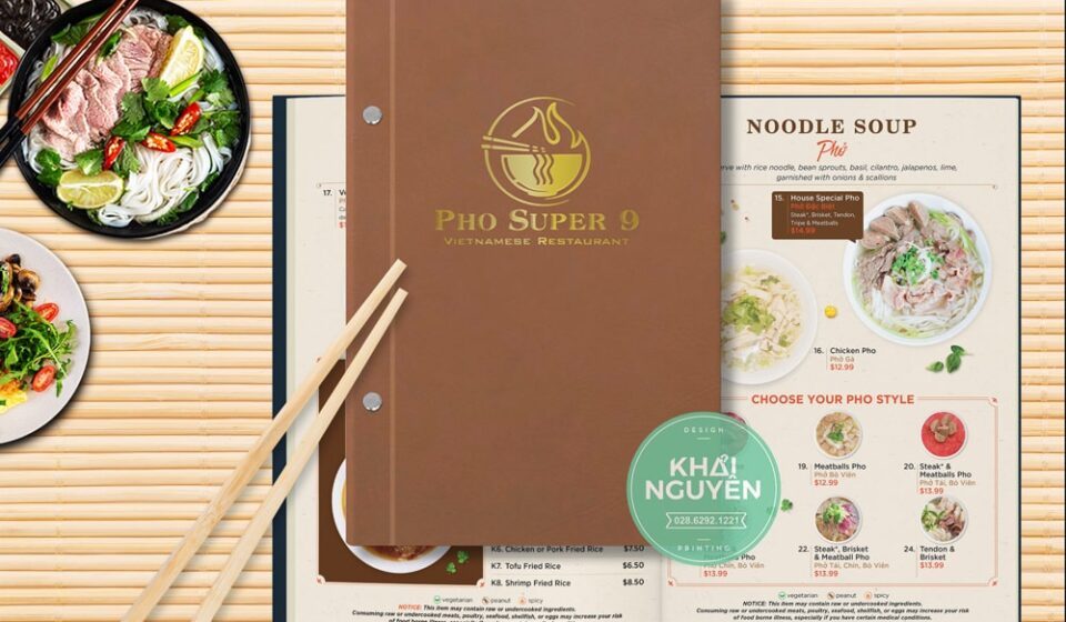 Menu phở việt nam bìa da sang trọng nhà hàng