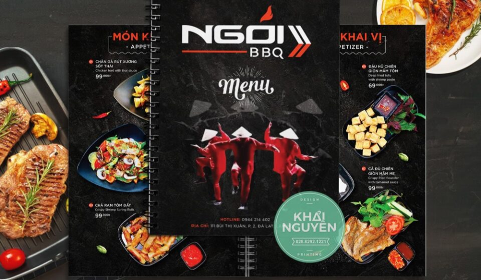 Menu Nhà Hàng Ngói BBQ - In menu nhựa lò xo
