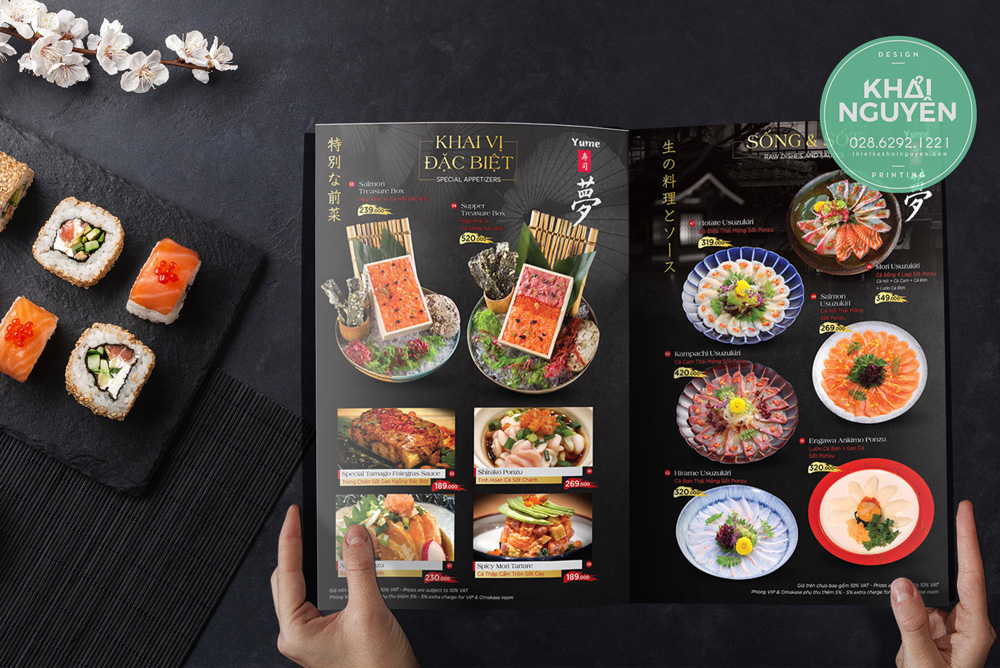 Thiết kế menu nhà hàng Yume Sushi Khai Vị Đồ Sống tươi ngon