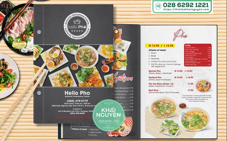 Thiết kế in ấn menu nhà hàng Phở - menu bìa cứng