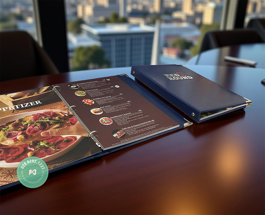 Menu nhà hàng Red Round - bìa da - ruột c300gsm cán mờ sắc nét