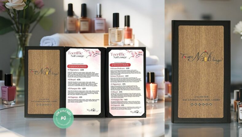 Mẫu Menu Gỗ Nails Lounge, Khắc Laser - Gắn Logo Inox Vàng