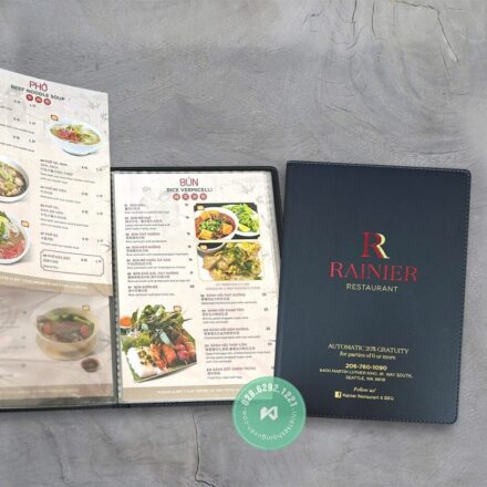 Leather-bound menu with plastic inner pages and interchangeable price tags - order menu online Vietnam