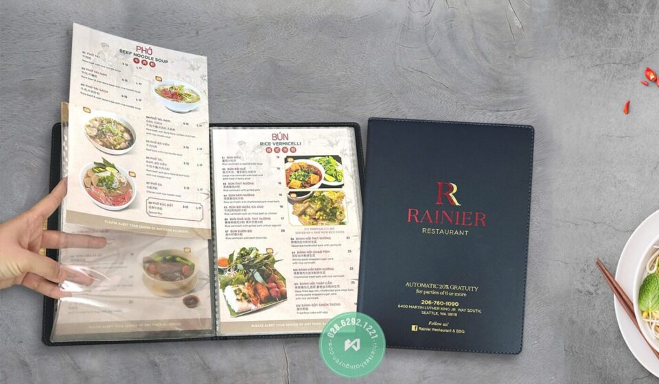 Leather-bound menu with plastic inner pages and interchangeable price tags - order menu online Vietnam