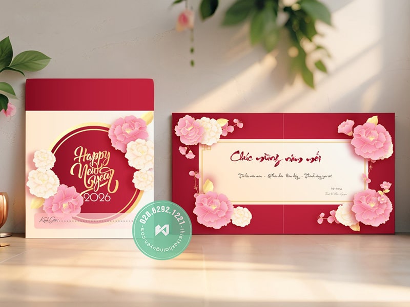Mẫu thiệp chúc Tết 2026 với hoa mẫu đơn nở rộ