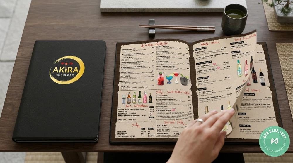 In Menu Nhà Hàng Nhật Sushi TPHCM – Thiết Kế Đúng Phong Vị Nhật Bản 12 Phần nước trong bản in menu Nhật Bản của thương hiệu Akira Sushi Bar