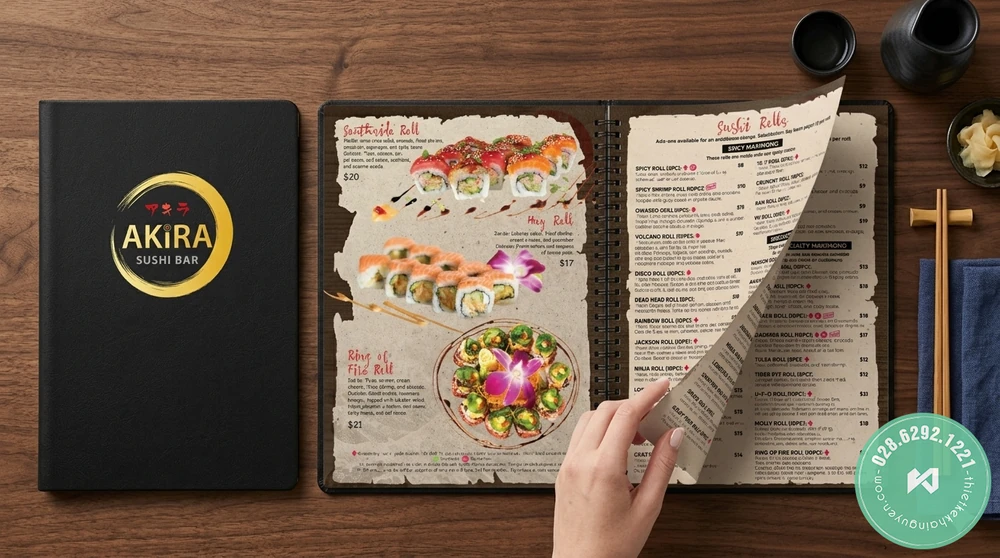 In Menu Nhà Hàng Nhật Sushi TPHCM – Thiết Kế Đúng Phong Vị Nhật Bản 6 In Menu Nhà Hàng Nhật Sushi - Menu da gáy lò xo