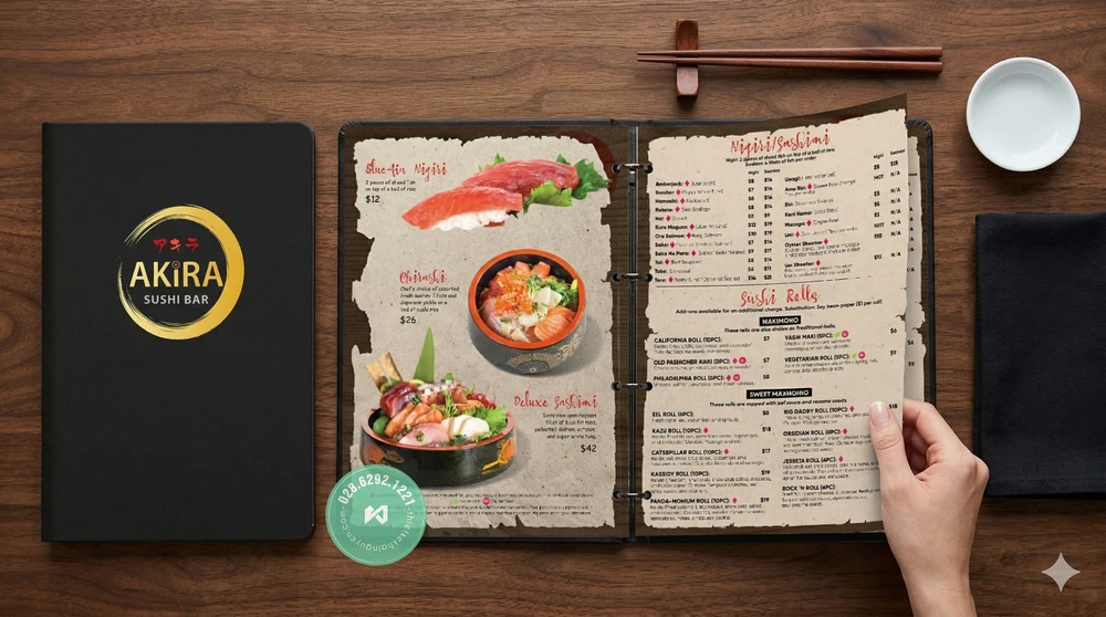 In Menu Nhà Hàng Nhật Sushi TPHCM – Thiết Kế Đúng Phong Vị Nhật Bản 11 Mẫu làm menu nhà hàng nhật từ thương hiệu Akia Sushi Bar