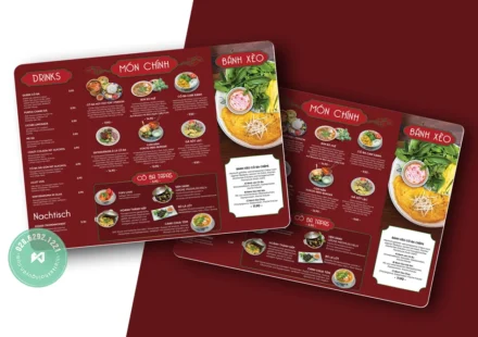 Bảng menu nhựa A3 nhà hàng Bánh Xèo Cô Ba thiết kế theo chiều ngang.
