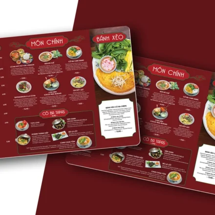 Bảng menu nhựa A3 nhà hàng Bánh Xèo Cô Ba thiết kế theo chiều ngang.