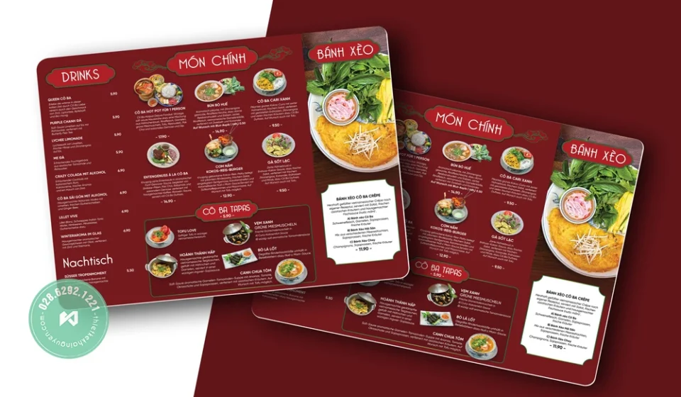 Bảng menu nhựa A3 nhà hàng Bánh Xèo Cô Ba thiết kế theo chiều ngang.