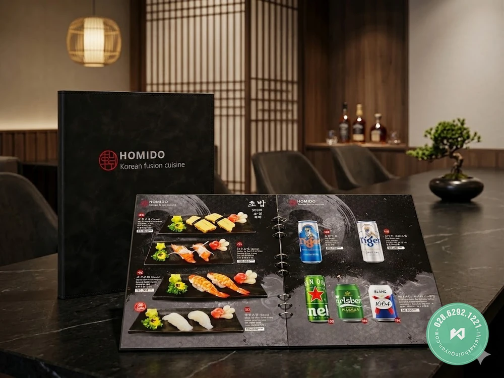 Menu Nhà Hàng Hàn Quốc Homido Tại TPHCM | Khải Nguyên 3 Main Menu Đẳng Cấp Với Bìa Da Đen Khổ Lớn