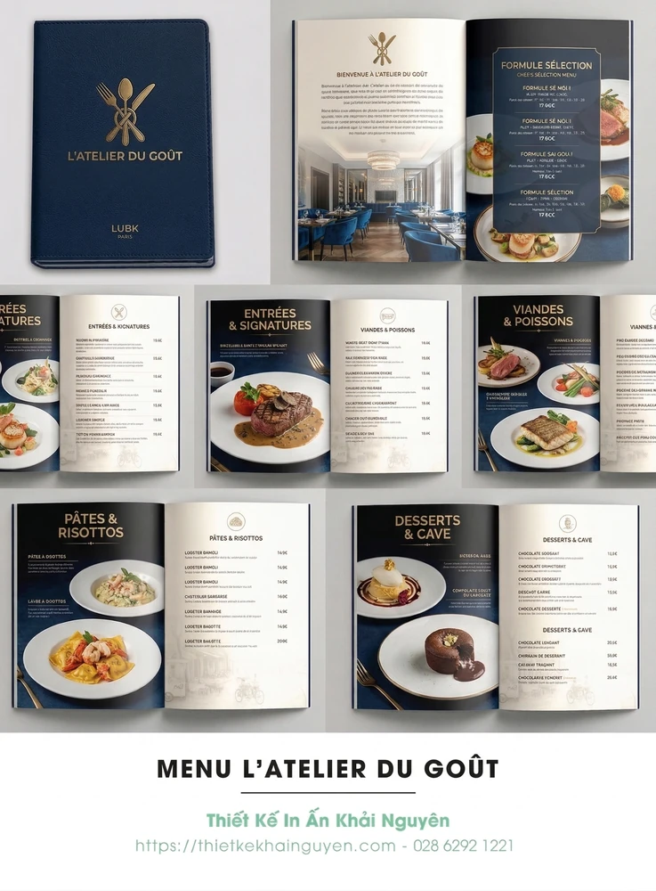 In Menu Nhà Hàng Âu TPHCM – Fine Dining, Bistro, Steak House Sang Trọng 5 Menu nhà hàng Âu bìa da cao cấp sang trọng