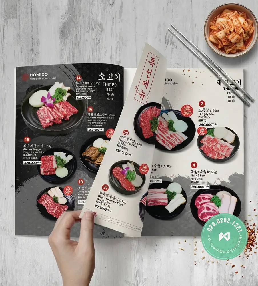 Menu Nhà Hàng Hàn Quốc Homido Tại TPHCM | Khải Nguyên 2 Thiết kế menu nhà hàng Hàn Quốc - BBQ Nướng Lẩu
