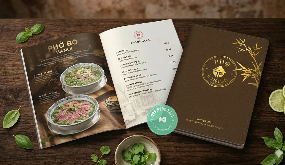 Menu Phở Étoile với Chất Liệu Menu Bìa Da ép kim cao cấp