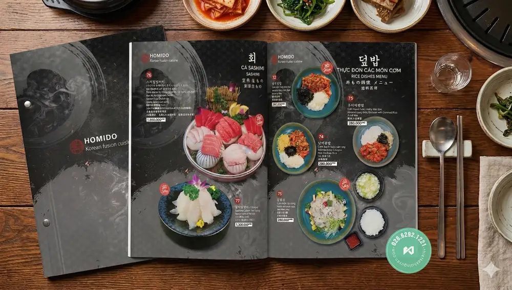 Menu Nhà Hàng Hàn Quốc Homido Tại TPHCM | Khải Nguyên 7 Thiết kế & in menu bìa cứng cho nhà hàng Hàn Quốc tại TPHCM