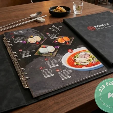 Menu Nhà Hàng Hàn Quốc Homido Tại TPHCM | Khải Nguyên Thiết kế & in menu da sang trọng cho nhà hàng Hàn Quốc