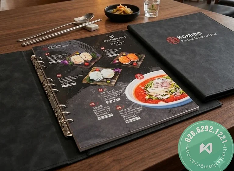 Thiết kế & in menu da sang trọng cho nhà hàng Hàn Quốc