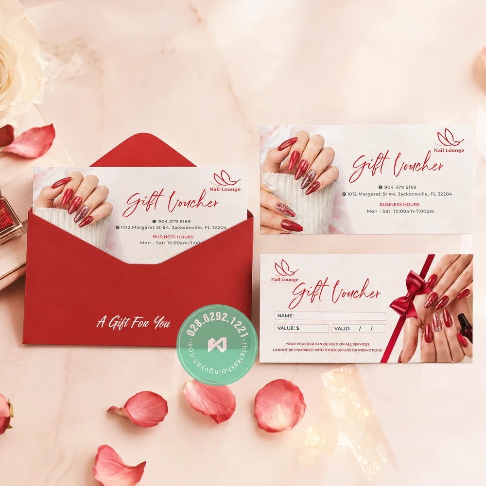 Custom Gift Voucher Printing for Vietnamese Nail Salons – International Shipping 10 Gift Voucher Nail Lounge Màu Đỏ