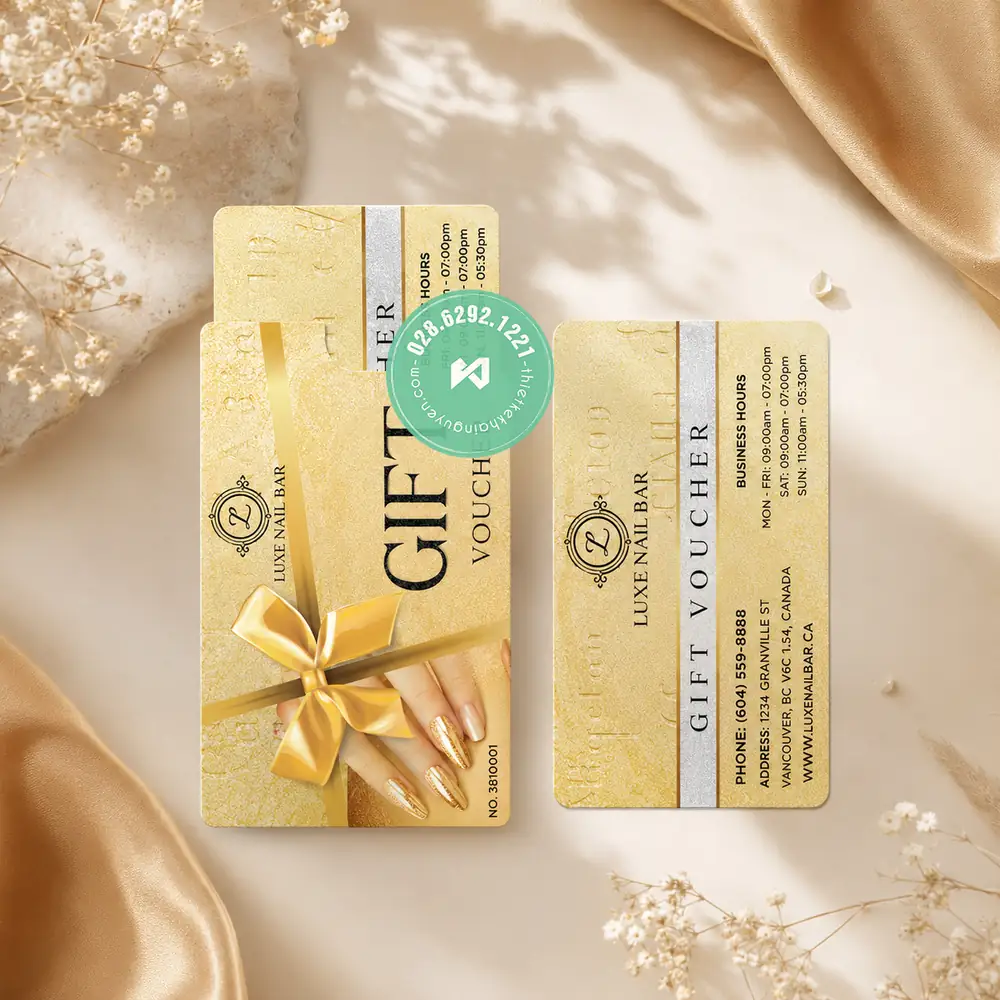 Top 30+ Mẫu Voucher Tiệm Nails Đẹp Giúp Tăng Doanh Thu 11 In gift card nails kèm holder màu vàng luxury đẹp