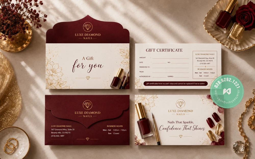 Custom Gift Voucher Printing for Vietnamese Nail Salons – International Shipping 12 Burgundy & Gold Certificate Nails Set tại Mỹ