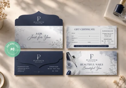 Bộ in gift certificate nails có bao thư màu navy