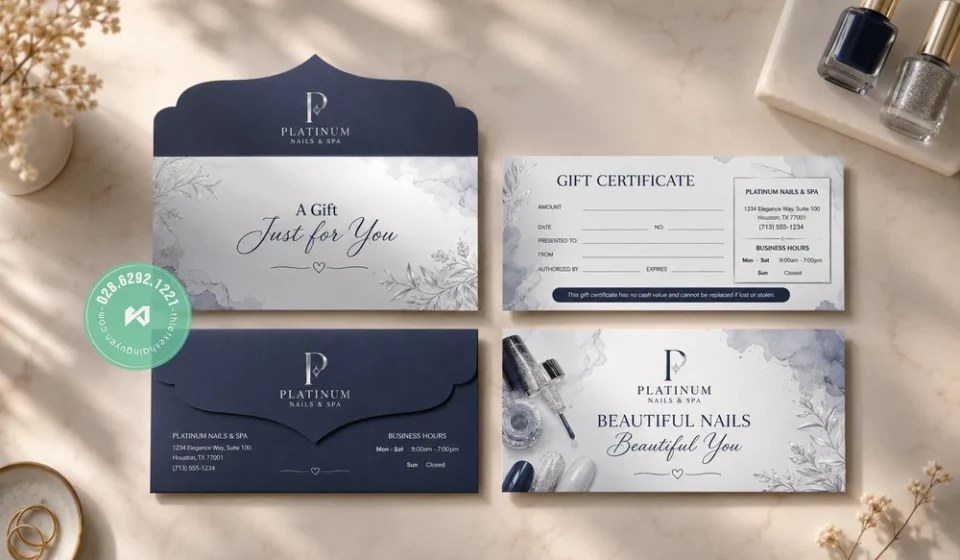 Bộ in gift certificate nails có bao thư màu navy