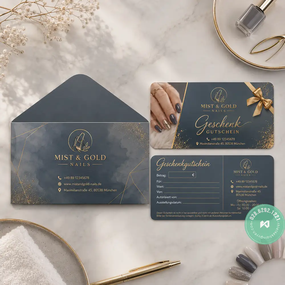 Gutscheine für Nagelstudio drucken – Günstig aus Vietnam bestellen 4 In gift certificate nails tại Đức - Natürliche Frische (Botanisch Grün & Weiß)