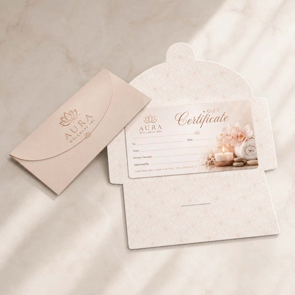 In Gift Voucher Spa TPHCM - Sang Trọng, Thiết Kế Riêng 2026 8 Mẫu Gift Certificate Spa Nắp Vòm Sang Trọng (Aura Wellness)