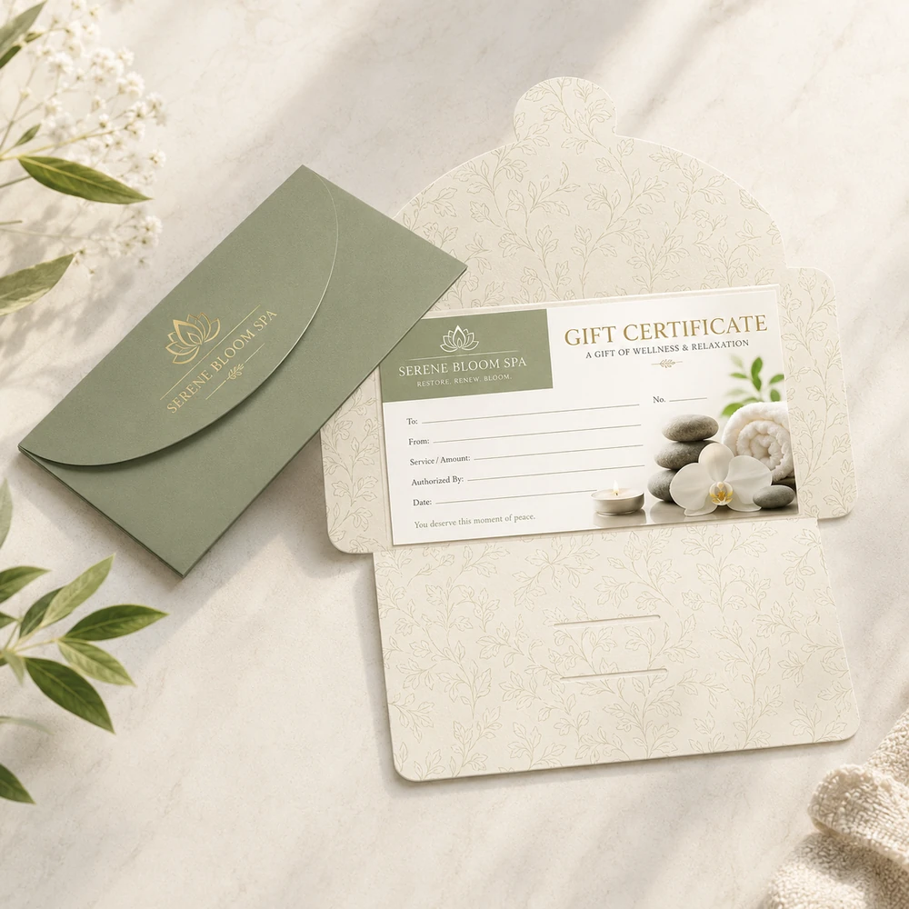 In Gift Voucher Spa TPHCM - Sang Trọng, Thiết Kế Riêng 2026 20 In gift certificate ép kim cho Spa - tone màu xanh rêu