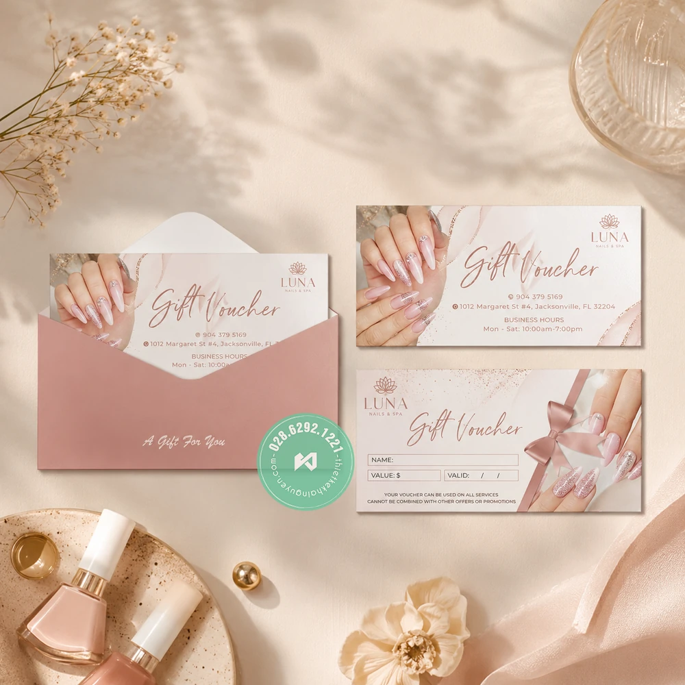 Top 30+ Mẫu Voucher Tiệm Nails Đẹp Giúp Tăng Doanh Thu 6 In ấn gift voucher nails kèm bao thư màu hồng