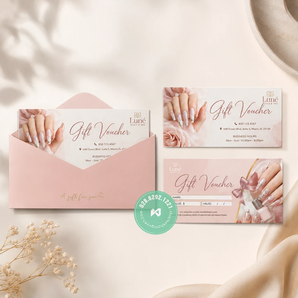 Top 30+ Mẫu Voucher Tiệm Nails Đẹp Giúp Tăng Doanh Thu 16 Thiết kế gift voucher nails spa màu hồng kèm bao thư