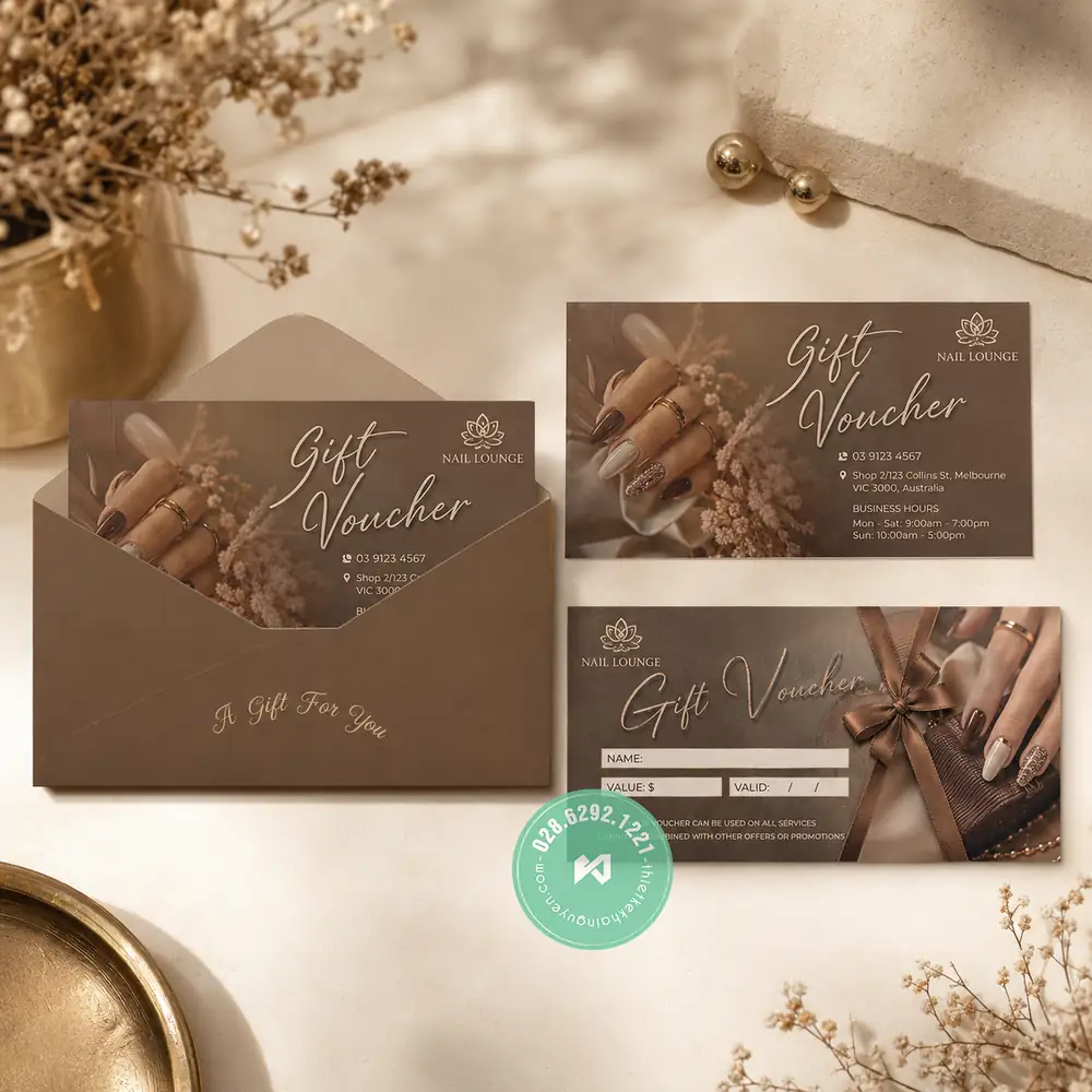 Custom Gift Voucher Printing for Vietnamese Nail Salons – International Shipping 13 Gift Voucher Nails -Mocha Brown & Warm Gold - Melbourne, Australia