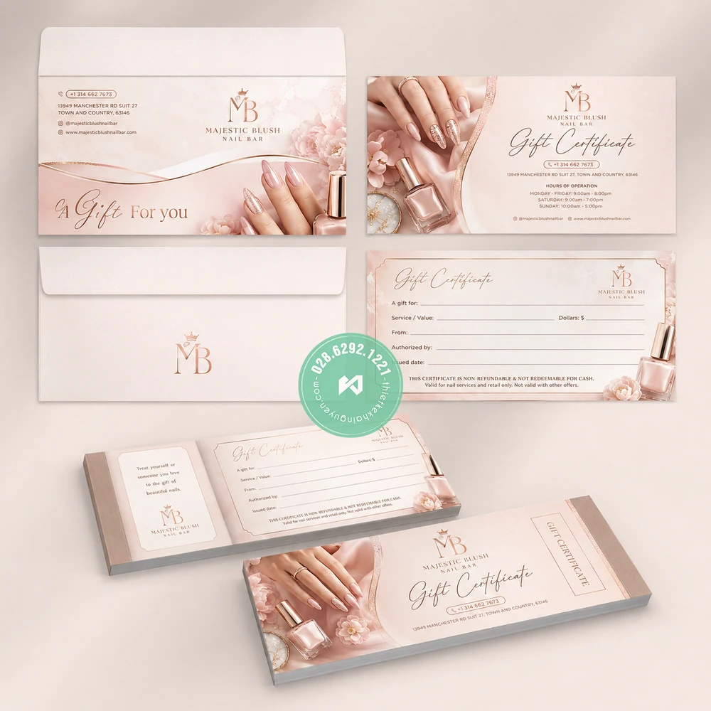 Top 30+ Mẫu Voucher Tiệm Nails Đẹp Giúp Tăng Doanh Thu 5 Mẫu thiết kế voucher tiệm nails Majestic Blush Nail Bar tại Missouri (Mỹ)