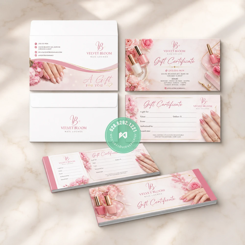 Custom Gift Voucher Printing for Vietnamese Nail Salons – International Shipping 4 Gift Voucher + Envelope Sets for Nails Salon