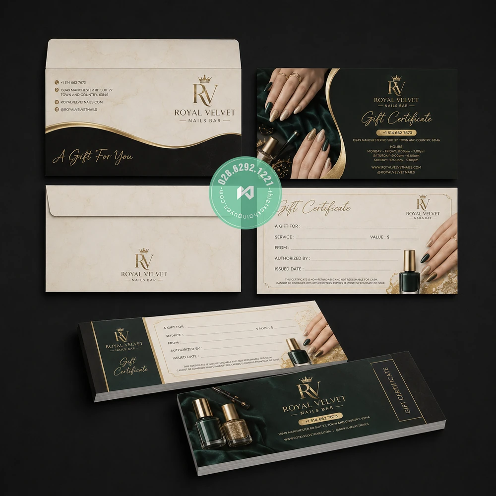 Custom Gift Voucher Printing for Vietnamese Nail Salons – International Shipping 14 Forest Green & Gold – Royal Velvet Gift Nails Bar (Town and Country, MO)