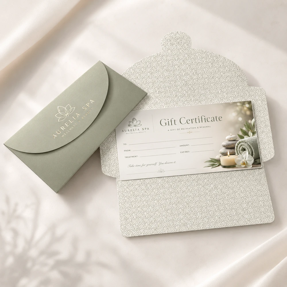 In Gift Voucher Spa TPHCM - Sang Trọng, Thiết Kế Riêng 2026 17 In gift certificate/voucher cho spa beauty tone màu xanh lá