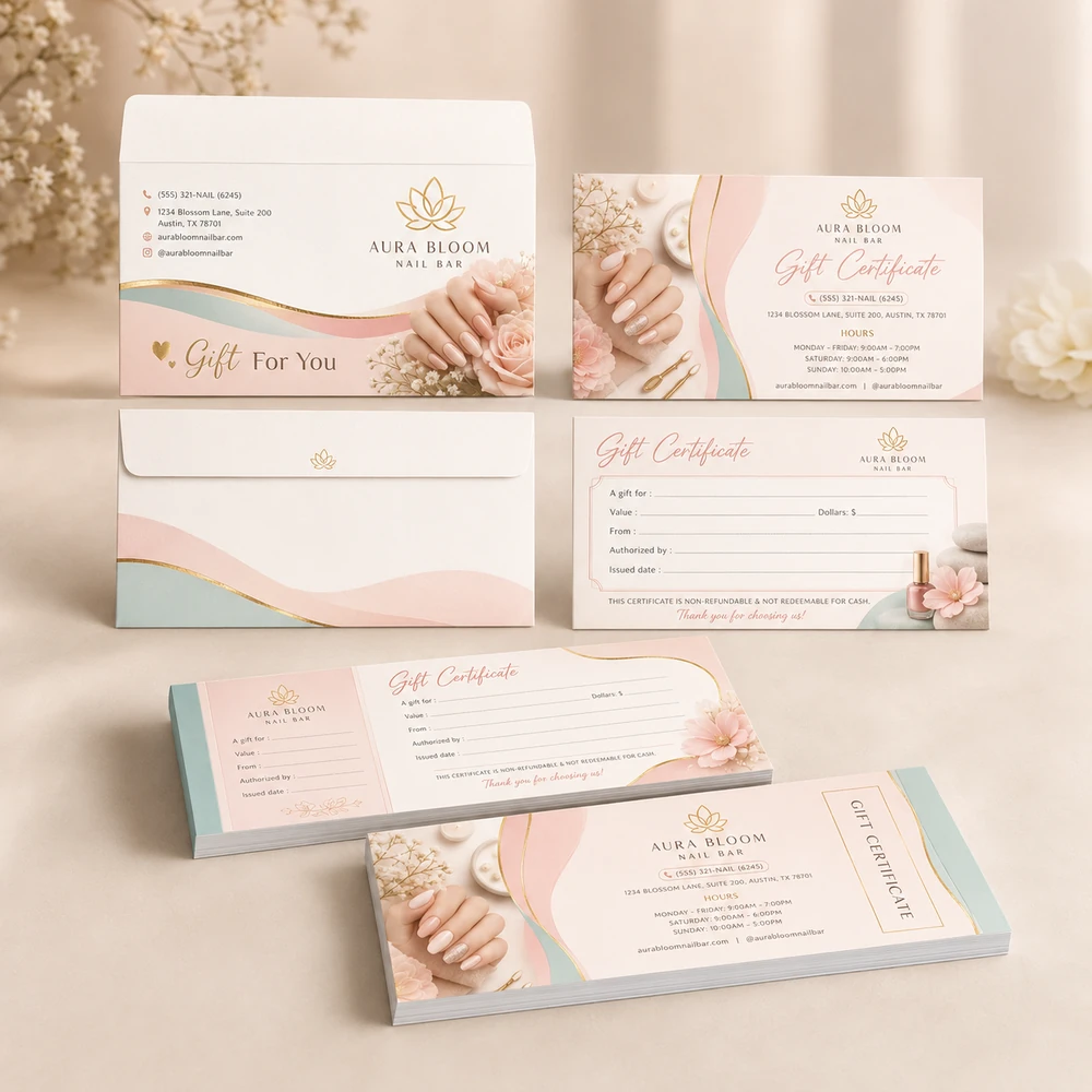 In Gift Voucher Spa TPHCM - Sang Trọng, Thiết Kế Riêng 2026 10 In voucher spa kèm bao thư - thiết kế lụa đào phá cách tiệm Aura Bloom