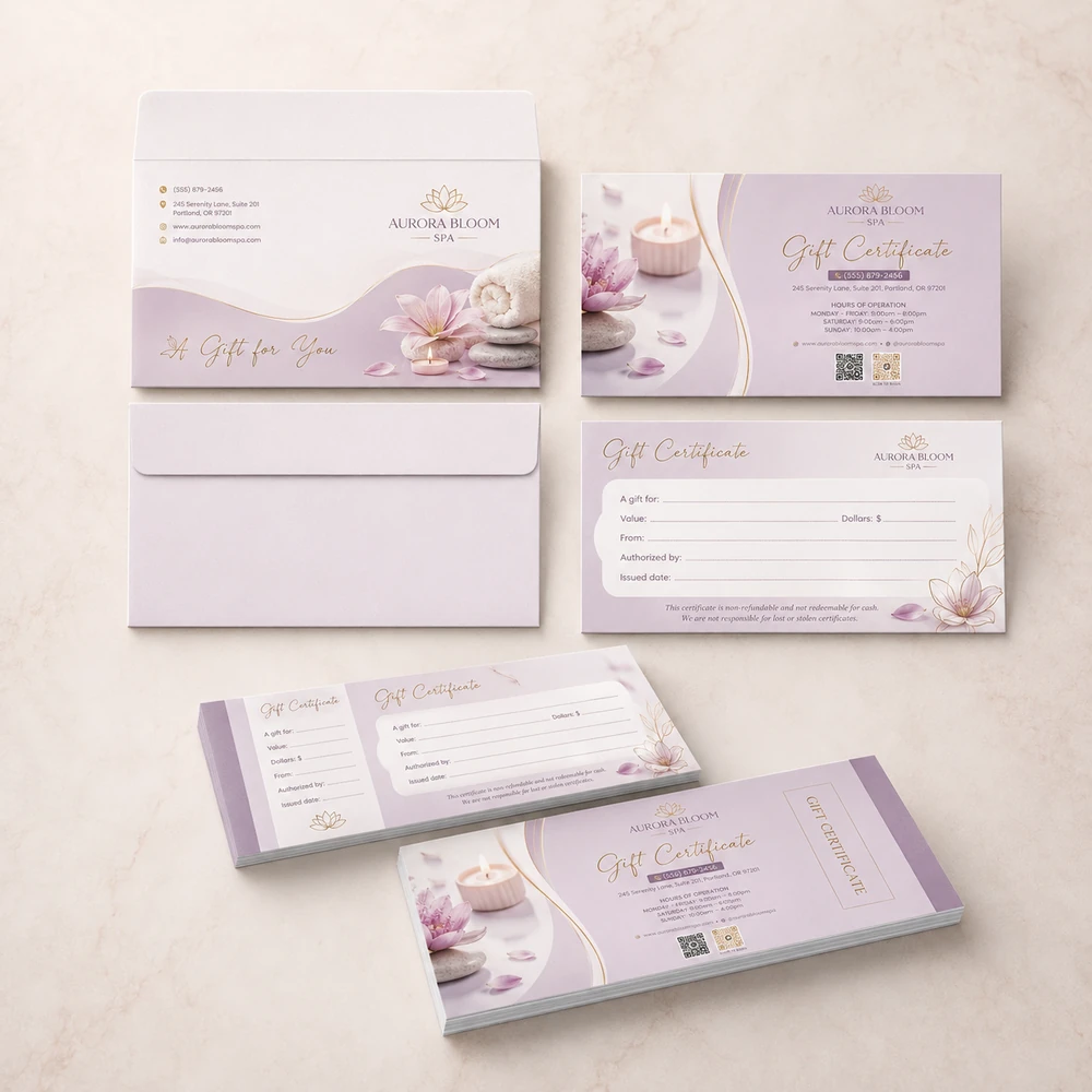In Gift Voucher Spa TPHCM - Sang Trọng, Thiết Kế Riêng 2026 2 Bộ in ấn gift voucher dạng cuốn có bao thư chuyên nghiệp cho Spa