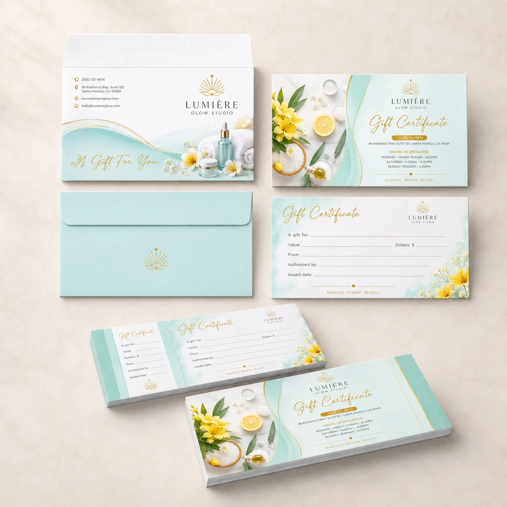 In Gift Voucher Spa TPHCM - Sang Trọng, Thiết Kế Riêng 2026 12 Mẫu In Voucher Spa Xanh Mint Ánh Vàng cho thương hiệu Lumière Glow Spa