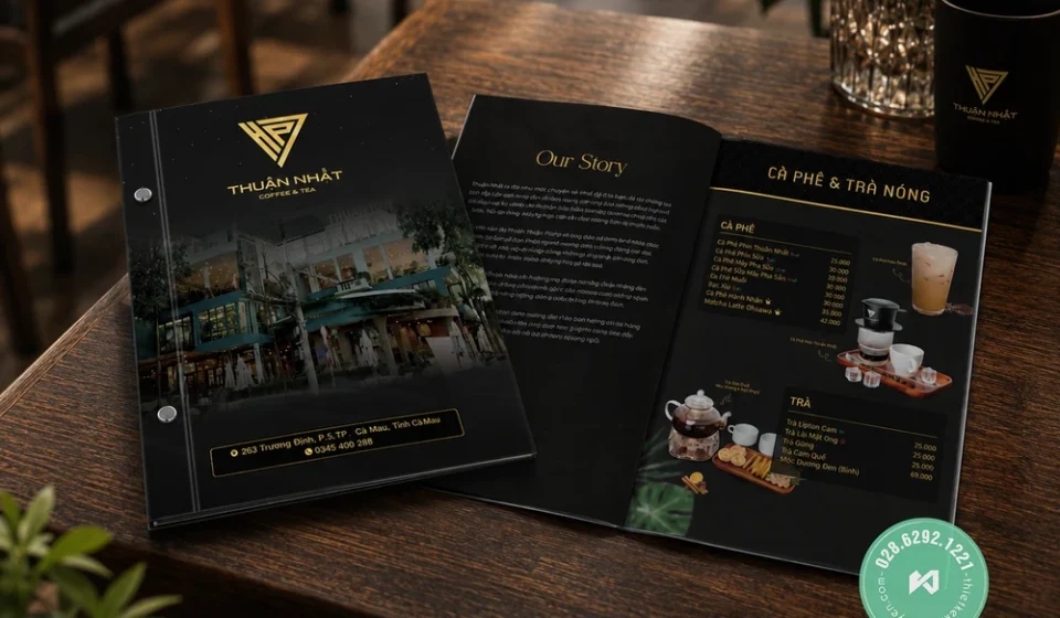 In menu bìa cứng quán coffee tea Thuận Nhất